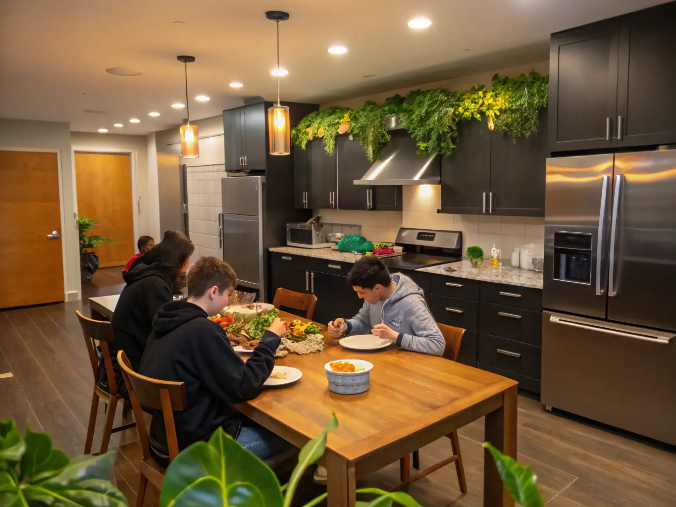 A communal kitchen and living area in an Andalusian shared apartment, showing residents cooking and socializing in a clean and modern environment.