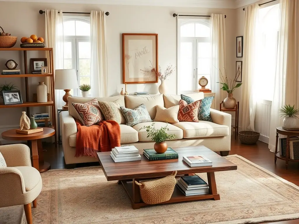 A cozy living room scene in an Andalusian-style apartment, featuring comfortable seating, warm lighting, and traditional decor.