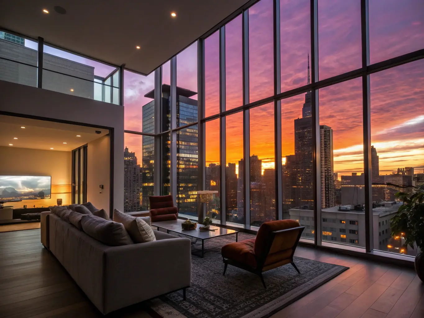 A modern, stylish apartment living room with large windows showcasing a vibrant city view at sunset, emphasizing the prime location and comfort of Andaluxliving's short-term rentals.