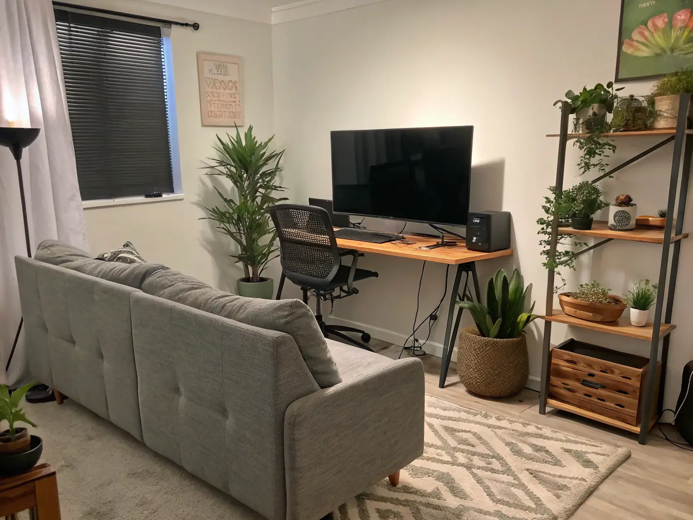 A modern apartment in Granada, Spain, featuring a workspace, comfortable seating, and a view of the Alhambra. The image should convey a sense of productivity and relaxation, highlighting the appeal of Andaluxliving's mid-term rentals.