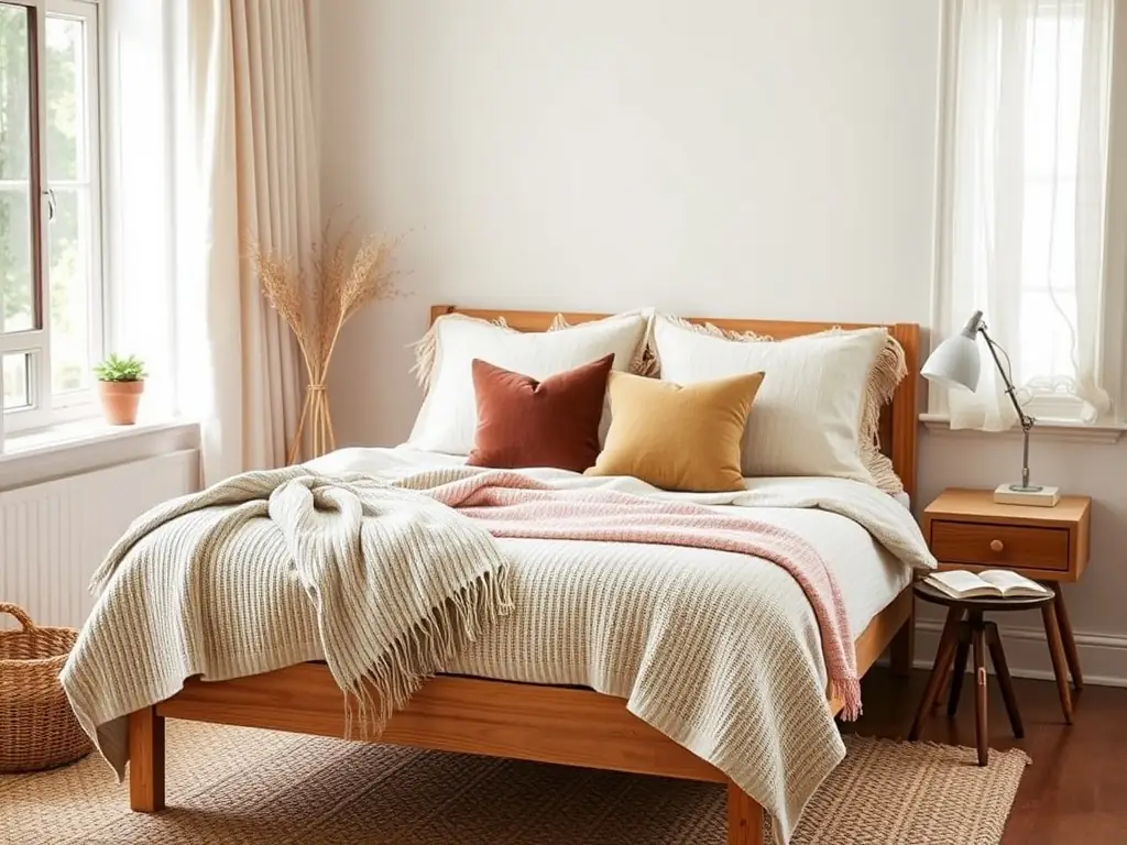 A cozy and well-lit room in a shared apartment in Malaga, Spain, featuring a comfortable bed, desk, and storage space. The image should convey a sense of community and affordability, highlighting the appeal of Andaluxliving's room rentals.