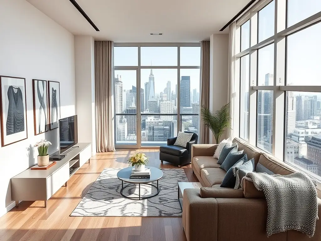 A bright and airy apartment interior in Seville, Spain, featuring a modern kitchen, comfortable living area, and a balcony overlooking the city. The image should convey a sense of comfort and convenience, highlighting the appeal of Andaluxliving's short-term rentals.