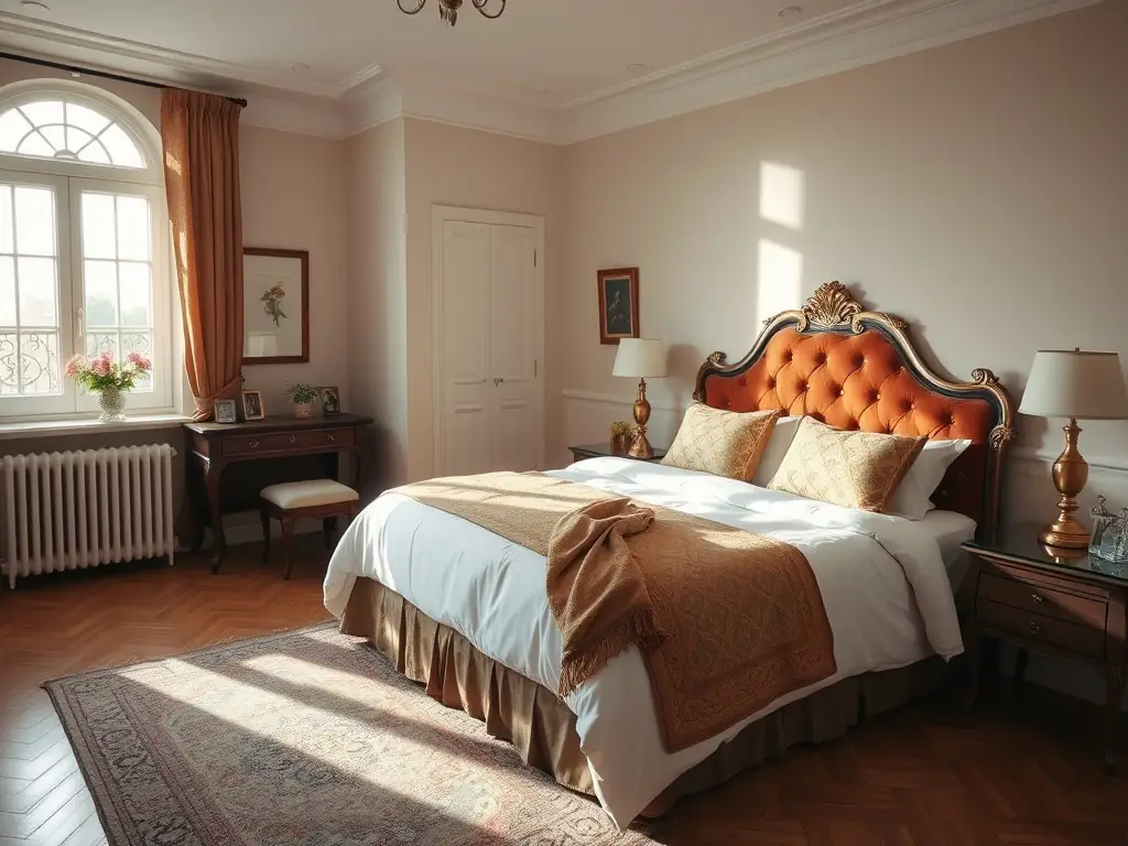 A spacious double room in a shared apartment, decorated in a modern style with two beds, a shared desk, and a view of a garden.