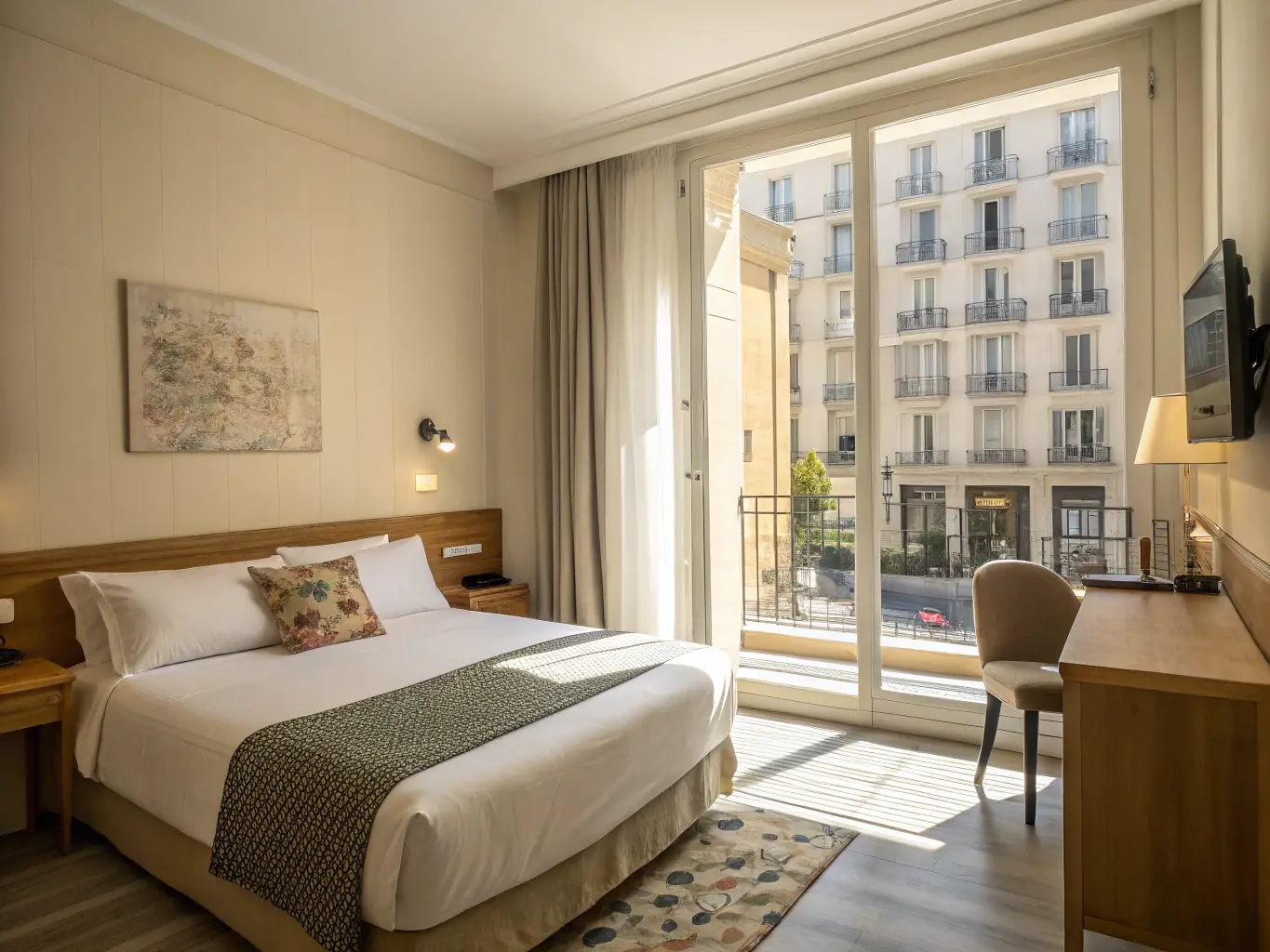 A brightly lit, modern single room in an Andalusian apartment, featuring a comfortable bed, desk, and window overlooking a vibrant Spanish street.