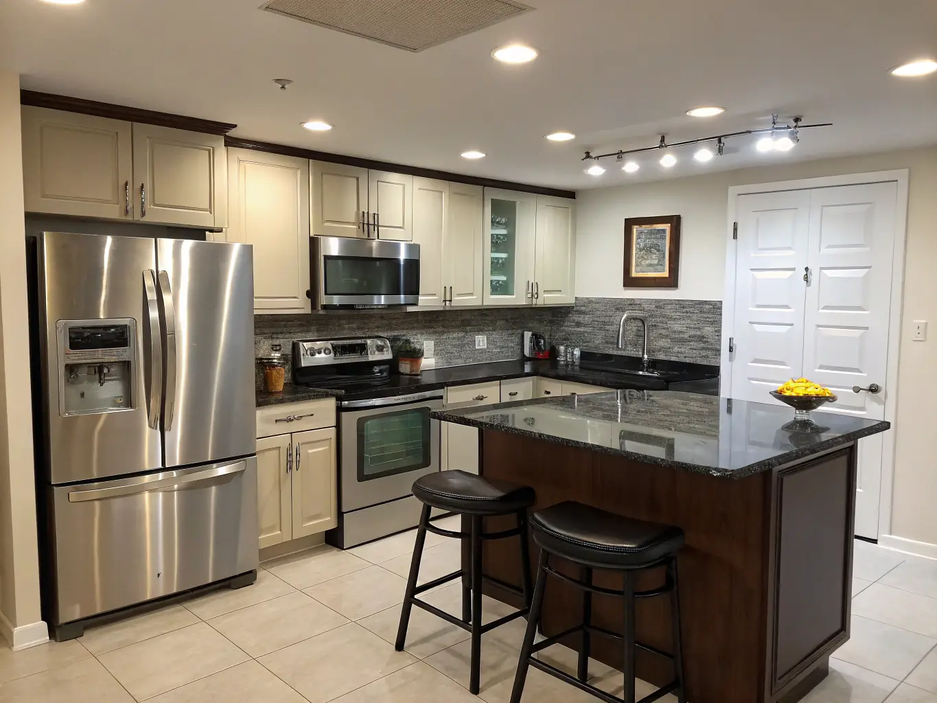 A well-equipped kitchen in a modern apartment, featuring stainless steel appliances, ample counter space, and a dining area set for a meal.